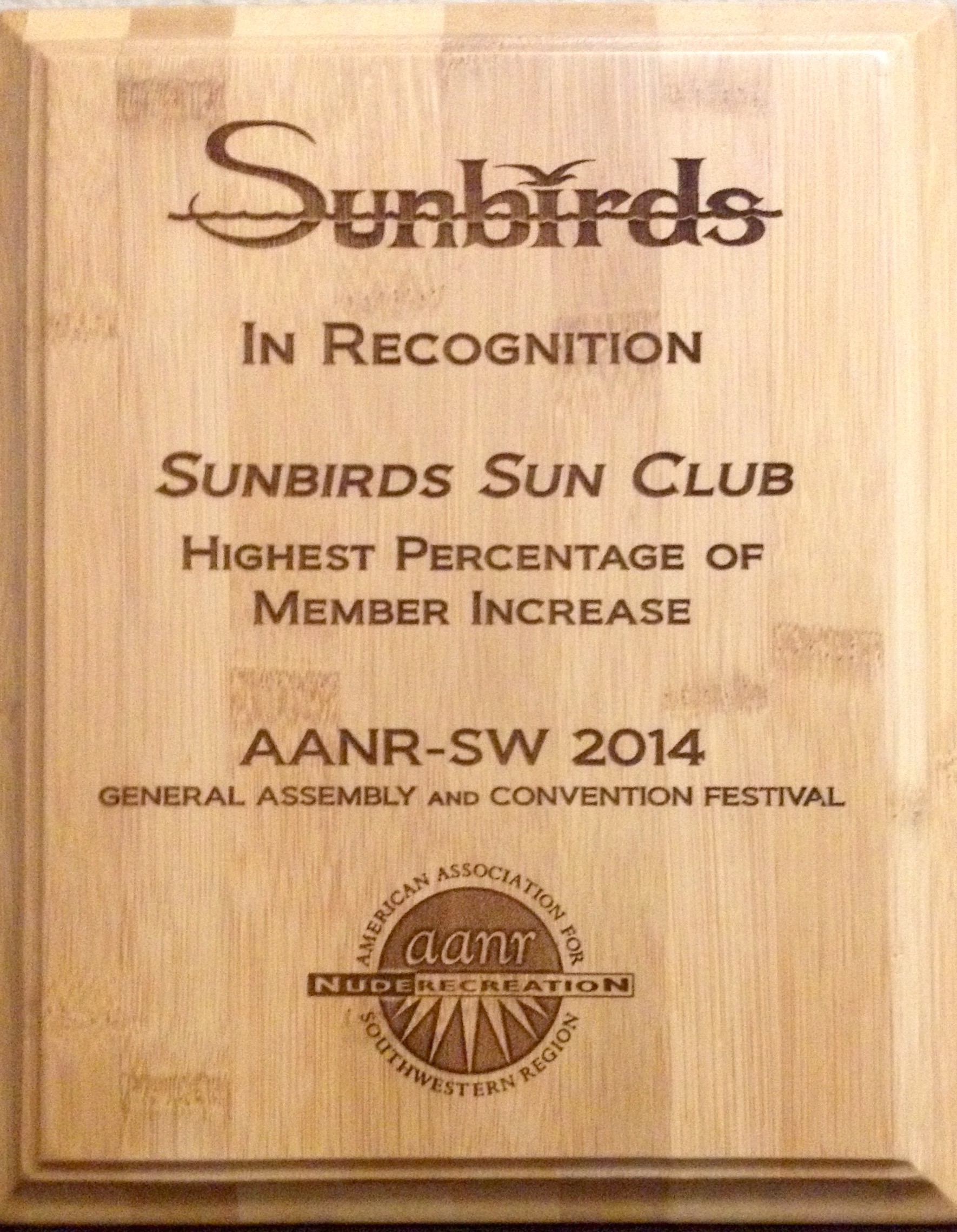 Sunbirds American Association for Nude Recreation Member Increase Award 2014